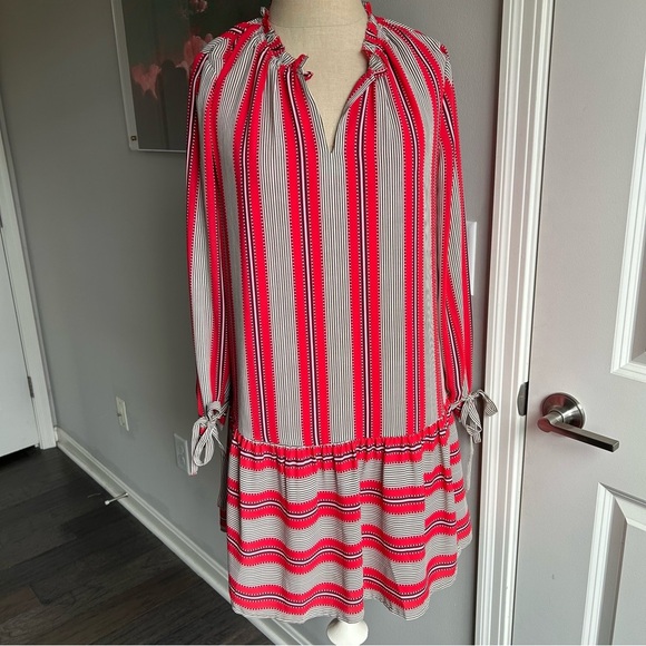 LOFT Striped Tunic Dress SP Bow Sleeves Drop Waist Coastal Preppy Chic - Picture 1 of 6